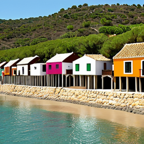 Home 4 **
A vibrant coastal village in Andalusia, Spain, with houses built on stilts. Rising sea levels threaten the homes, but innovative green infrastructure like seawalls made of local stone and thriving mangrove forests offer protection. Villagers are actively participating in a community meeting, discussing climate adaptation strategies. Focus on the blend of traditional Spanish architecture and modern resilient design. Include elements of sustainable tourism contributing to economic diversification.
**