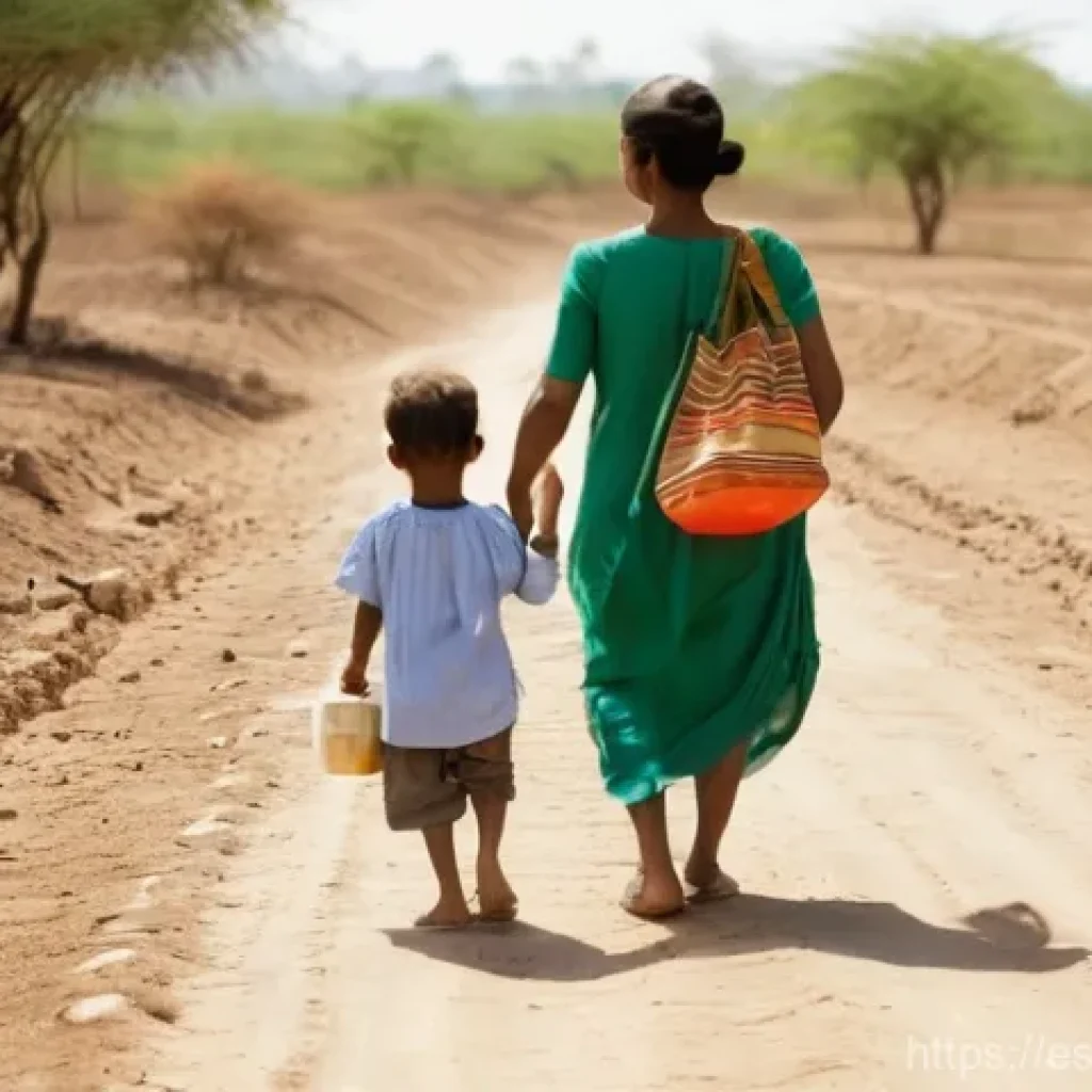 기후 난민을 위한 국제법 제정의 필요성 - **Prompt:** A young family, a mother and her toddler, walking slowly on a dusty, makeshift path. The...