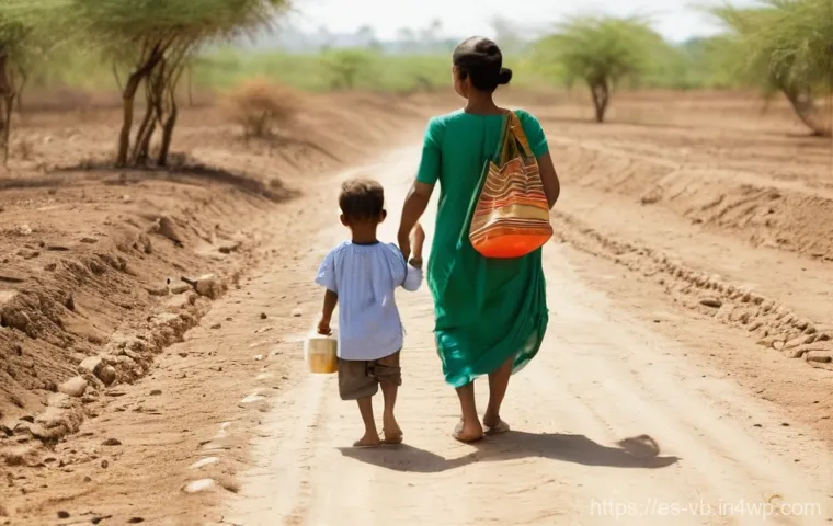 기후 난민을 위한 국제법 제정의 필요성 - **Prompt:** A young family, a mother and her toddler, walking slowly on a dusty, makeshift path. The...
