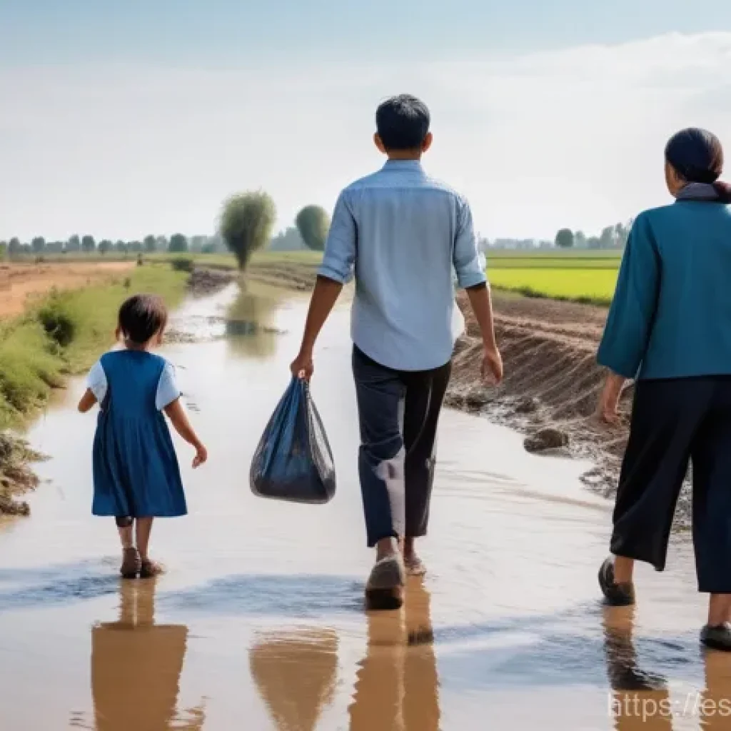 기후 난민 지원을 위한 국제 공동체의 역할 - A poignant, wide-shot photograph of a family of four (two adults, two children) walking away from a ...