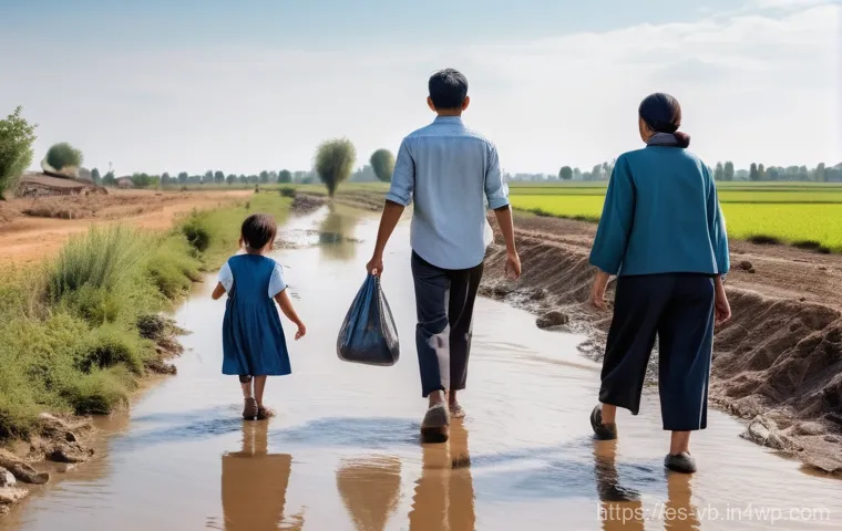 기후 난민 지원을 위한 국제 공동체의 역할 - A poignant, wide-shot photograph of a family of four (two adults, two children) walking away from a ...