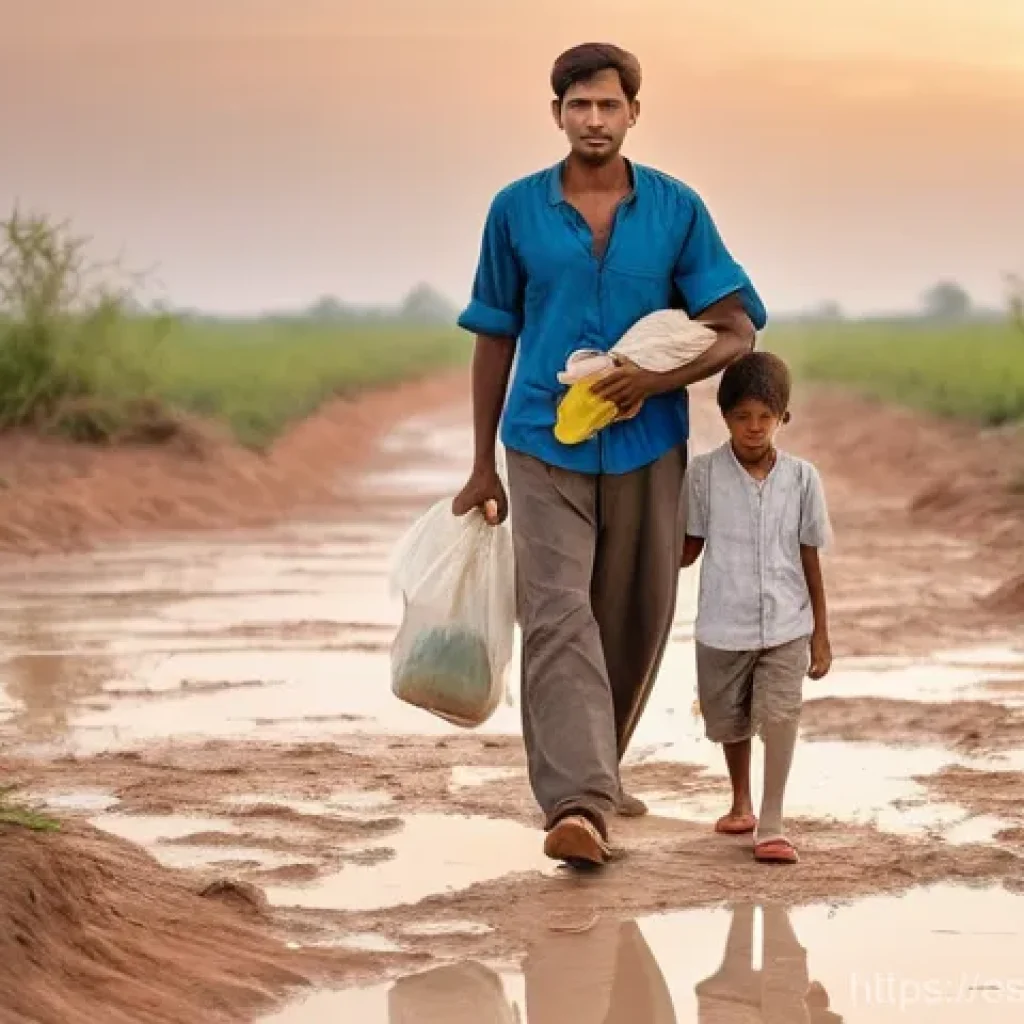 기후 난민과 생태적 지속 가능성 - **Prompt 1: Climate Displaced Family's Journey**
A diverse family of three—a mother, a father, a...