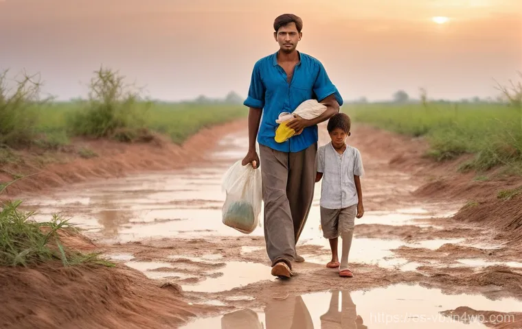 기후 난민과 생태적 지속 가능성 - **Prompt 1: Climate Displaced Family's Journey**
A diverse family of three—a mother, a father, a...