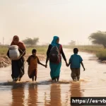 Home 15 기후 난민 문제에 대한 언론 보도 분석 - A poignant scene showing a diverse group of climate refugees, including men, women, and children wea...