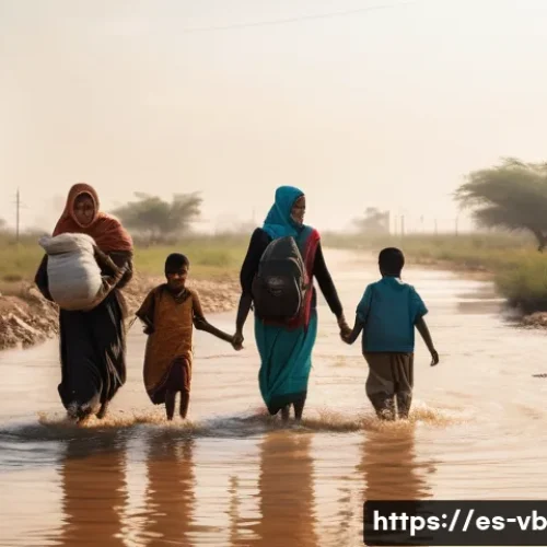 Home 27 기후 난민 문제에 대한 언론 보도 분석 - A poignant scene showing a diverse group of climate refugees, including men, women, and children wea...