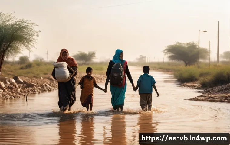 기후 난민 문제에 대한 언론 보도 분석 - A poignant scene showing a diverse group of climate refugees, including men, women, and children wea...