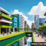 Home 20 기후 난민 문제에 대한 정부의 역할 - A detailed urban scene in a Latin American city showing resilient public infrastructure against clim...