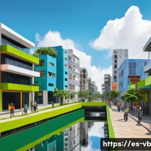 Home 14 기후 난민 문제에 대한 정부의 역할 - A detailed urban scene in a Latin American city showing resilient public infrastructure against clim...