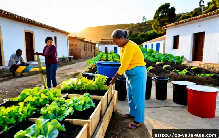 기후 난민 문제 해결을 위한 지역 사회의 혁신 - Photorealistic community innovation scene in a Spanish-speaking coastal town, diverse local resident...