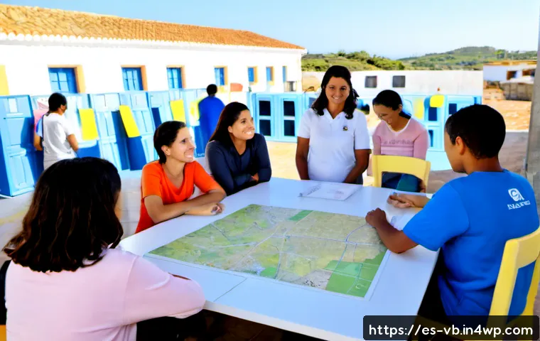 기후 난민 문제 해결을 위한 사회적 혁신 - Photorealistic community innovation hub in a Spanish coastal town adapting to climate displacement, ...