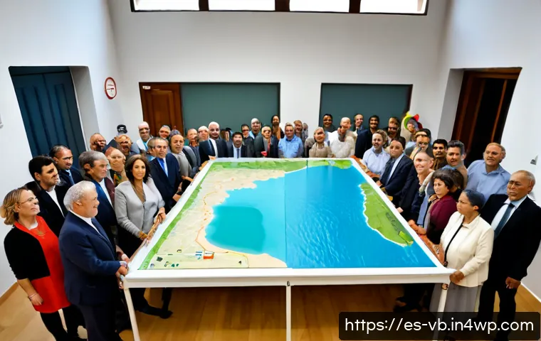 기후 난민 대책을 위한 정부 정책 - Photorealistic Spanish government climate resilience meeting in a bright municipal office, diverse o...