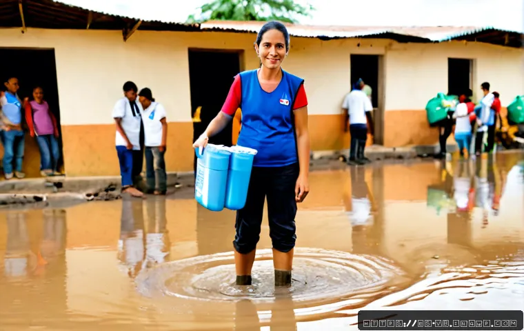 기후 난민 지원을 위한 NGO의 역할 - Photorealistic humanitarian NGO field team assisting climate-displaced families after severe floodin...